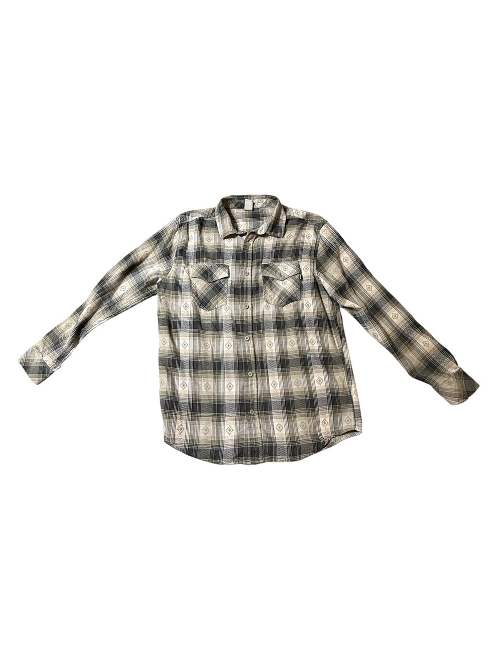 Hurley Men Medium Plaid Flannel Shirt Gray Aztec Geometric Diamond Button Up
